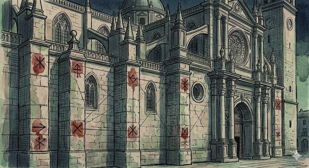 Dibujo a pluma y color que muestra una vista diagramática de la Catedral de Jerez destacando patrones repetitivos de marcas gremiales mediante líneas de tinta más gruesas y óxido vibrante.