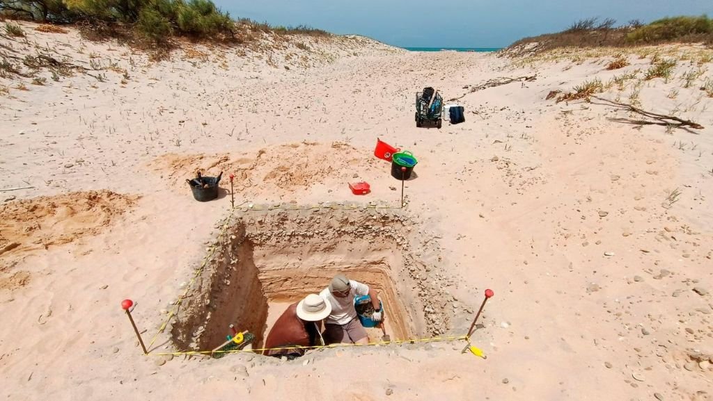 Investigadores realizan una cata o sondeo arqueológico de forma cuadrada en la arena de una duna costera en Cádiz durante el proyecto Vestigium.