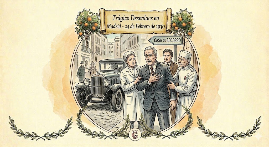 Dibujo a pluma de época que recrea la calle Barquillo de Madrid en 1930, mostrando al duque de Gor en estado de shock atendido por médicos junto a un coche antiguo tras el accidente.