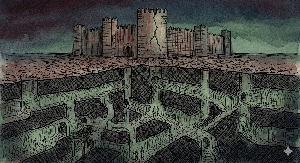 Dibujo a pluma y color que muestra una red intrincada de túneles medievales en forma de 'X' extendiéndose por debajo de la fortaleza del Alcázar de Jerez.