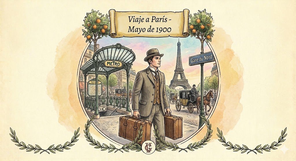 Ilustración a pluma con toques de color que muestra al aristócrata Mauricio Álvarez de Bohórquez con traje de viaje y maletas frente a una estación de metro modernista en París, con la Torre Eiffel al fondo.