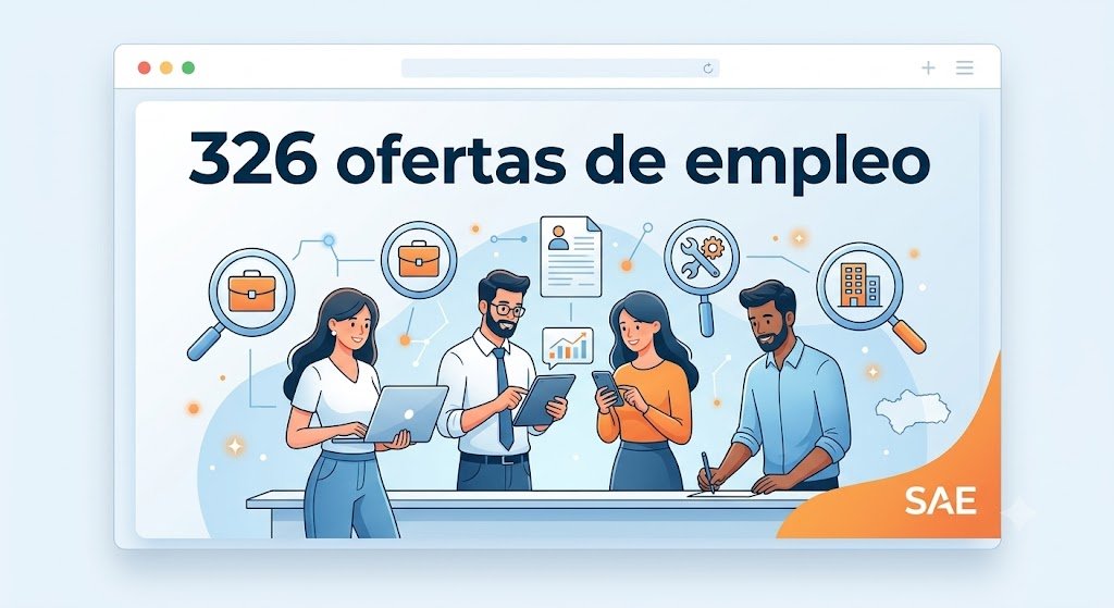 Ilustración digital de una interfaz web con el titular "326 ofertas de empleo", donde aparecen varias personas buscando trabajo con portátiles y dispositivos móviles junto al logotipo del SAE.