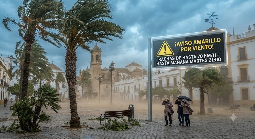 Fotografía de una plaza céntrica en Jerez durante un episodio de fuertes vientos, con peatones protegiéndose y un panel informativo digital que avisa sobre la alerta meteorológica.