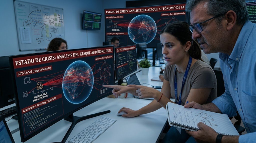 Un hombre con gafas sostiene un cuaderno mientras una mujer a su lado señala un monitor. La pantalla del monitor muestra un gráfico que detalla un ataque cibernético a una infraestructura.