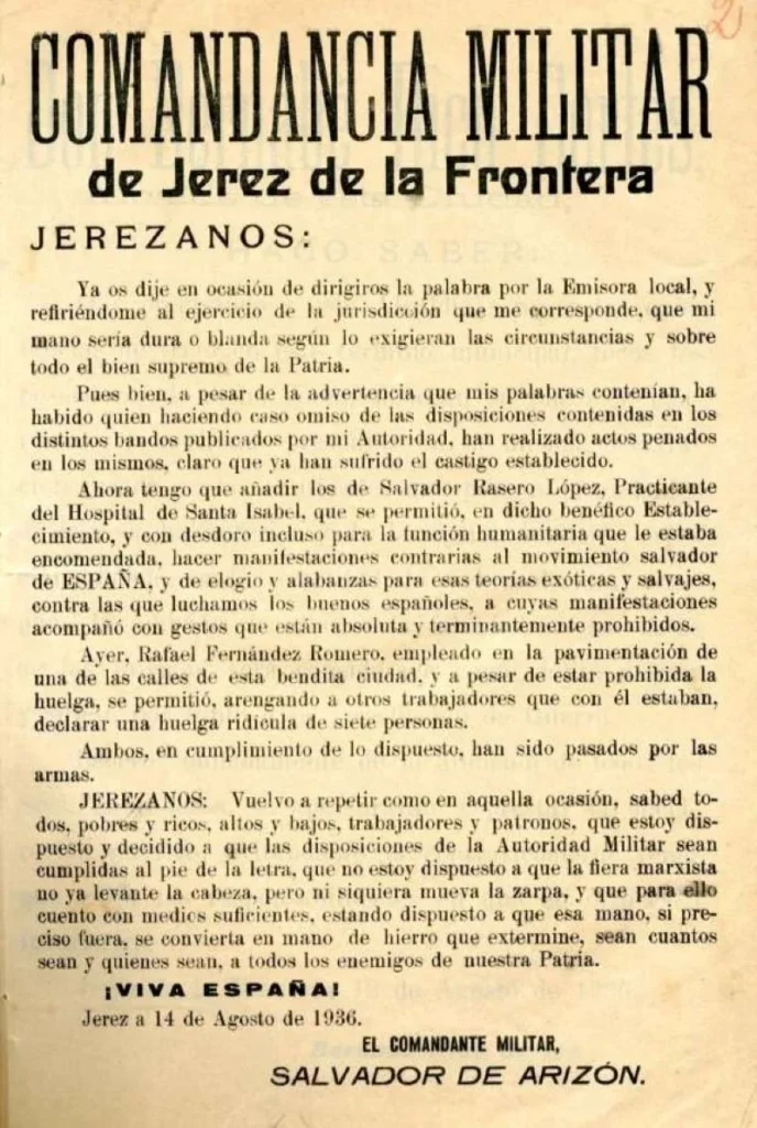 Fotografía de un bando de guerra original en papel envejecido, fechado en Jerez a 14 de agosto de 1936. El documento está encabezado por 'Comandancia Militar de Jerez de la Frontera' y firmado por el Comandante Militar Salvador de Arizón. El texto anuncia las ejecuciones de Salvador Rasero López y Rafael Fernández Romero, amenazando a la población con mano de hierro contra enemigos de la patria.