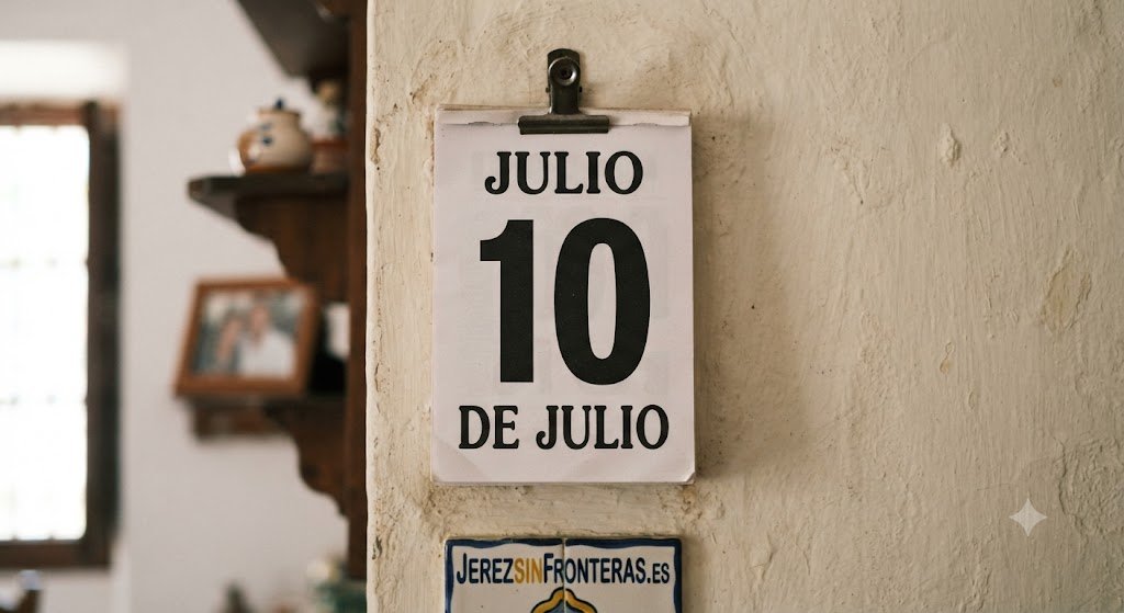 Calendario de pared minimalista que muestra la fecha 10 de julio, colgado sobre una pared texturizada junto a un azulejo con el logotipo de Jerez Sin Fronteras.