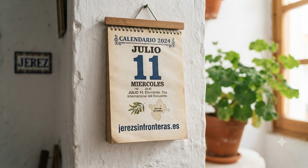 Calendario rústico colgado en una pared blanca de estilo andaluz, mostrando la fecha del 11 de julio con el nombre del medio jerezsinfronteras.es.