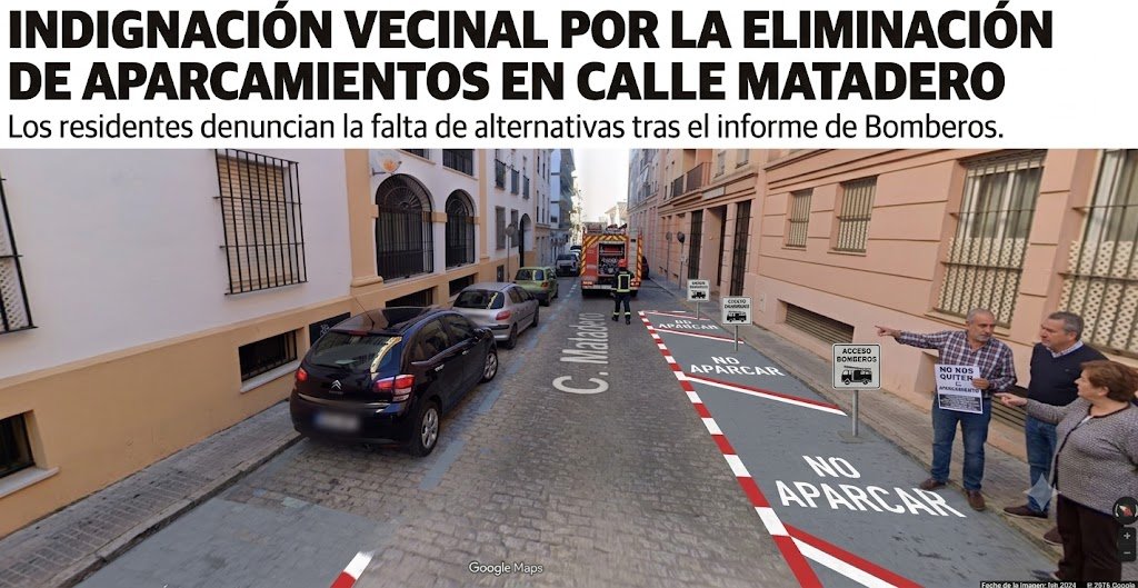 Captura de pantalla de Google Maps de la calle Matadero en Jerez de la Frontera, mostrando plazas de aparcamiento en ambos lados de la vía adoquinada.