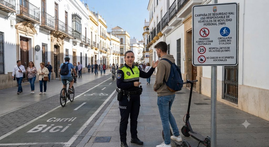 Agente de la Policía Local informando a un usuario de patinete eléctrico sobre la normativa de seguridad vial y prohibición de circular por aceras en Jerez.
