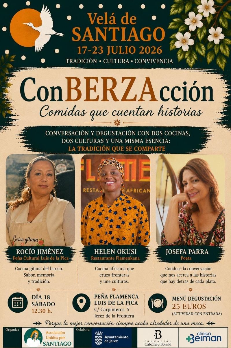 Cartel publicitario del evento ConBERZacción en la Velá de Santiago 2026 en Jerez de la Frontera. En él aparecen las participantes Rocío Jiménez, Helen Okusi y Josefa Parra.