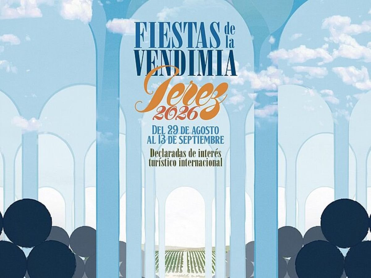 Cartel oficial anunciando las Fiestas de la Vendimia 2026 en Jerez de la Frontera, que se celebran del 29 de agosto al 13 de septiembre.