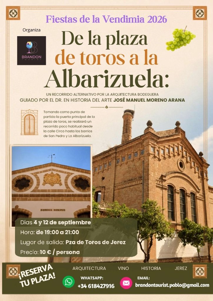 Cartel oficial de la ruta de arquitectura bodeguera en Jerez durante las Fiestas de la Vendimia 2026.