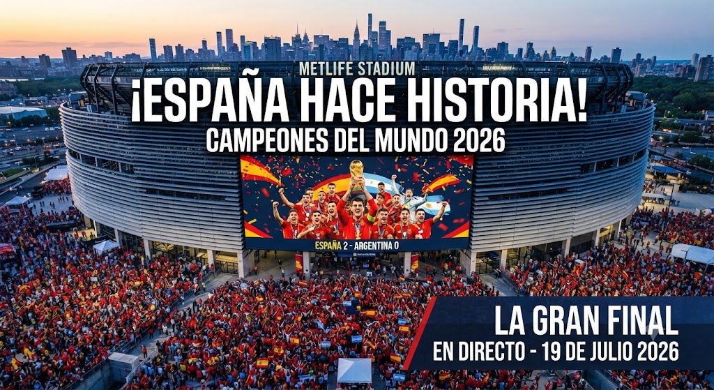 Aficionados de España celebran la victoria en el MetLife Stadium tras la final del Mundial 2026.