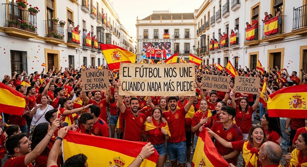 Fotografía de una gran multitud de aficionados españoles celebrando con pasión en una calle peatonal de Jerez de la Frontera, con fachadas blancas andaluzas. La gente viste de rojo y amarillo, agita banderas de España y una gran pancarta central dice "EL FÚTBOL NOS UNE CUANDO NADA MÁS PUEDE".