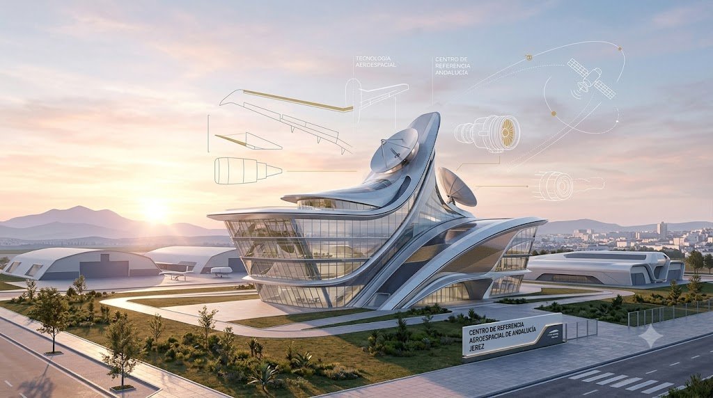 Render arquitectónico conceptual del futuro Centro de Referencia Aeroespacial de Andalucía en Jerez, con un edificio de diseño futurista al amanecer e infografías técnicas en el aire.