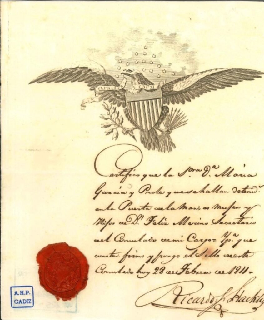Certificado manuscrito de 1811 con el escudo grabado del águila americana de los Estados Unidos, un gran sello de lacre rojo en la parte inferior izquierda y la marca azul del Archivo Histórico Provincial de Cádiz.