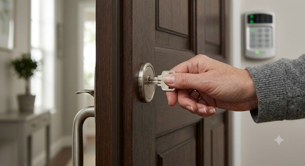 Mano cerrando con llave la puerta de una vivienda con sistema de alarma de seguridad visible al fondo.