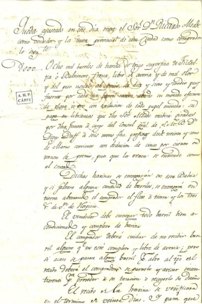 Contrato comercial manuscrito con caligrafía itálica detallada del siglo XIX, sello rectangular del Archivo Histórico Provincial de Cádiz en el margen izquierdo y texto que estipula la venta de barriles de harina por parte de Ricardo Meade.