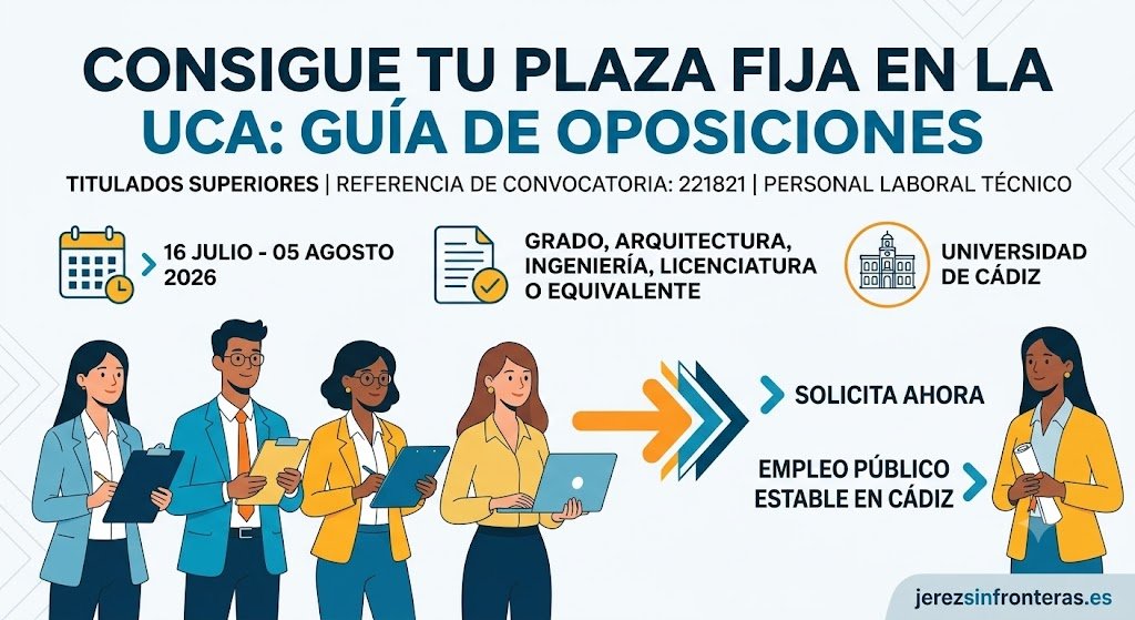 Infografía informativa sobre la convocatoria de oposiciones para titulados superiores en la Universidad de Cádiz, detallando plazos, requisitos académicos y beneficios del empleo público.