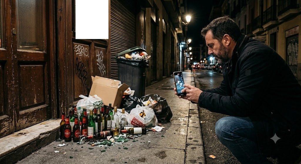 Vecino documentando con su teléfono móvil la basura y residuos de vidrio abandonados en la vía pública junto a la puerta de un local comercial por la noche.