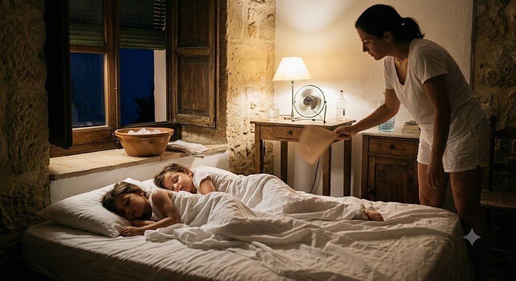 Madre usando un abanico para refrescar a sus hijos en una noche calurosa, junto a un cuenco con hielo para bajar la temperatura.