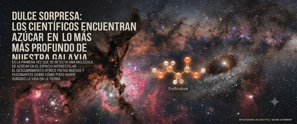Representación gráfica de la estructura molecular de la eritrulosa sobre un fondo de una nebulosa en el espacio interestelar.