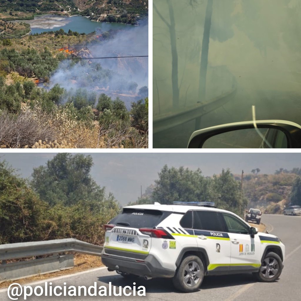 Composición de imágenes del incendio forestal en Cerro de San Miguel con humo sobre el terreno, vista desde coche patrulla y vehículo de la Policía Nacional Adscrita a Andalucía.