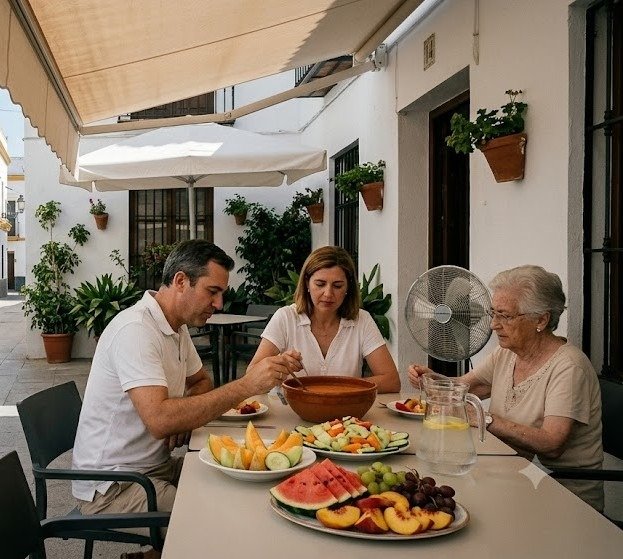 Familia jerezana disfrutando de una comida ligera a base de gazpacho y fruta fresca en una terraza sombreada para combatir las altas temperaturas.