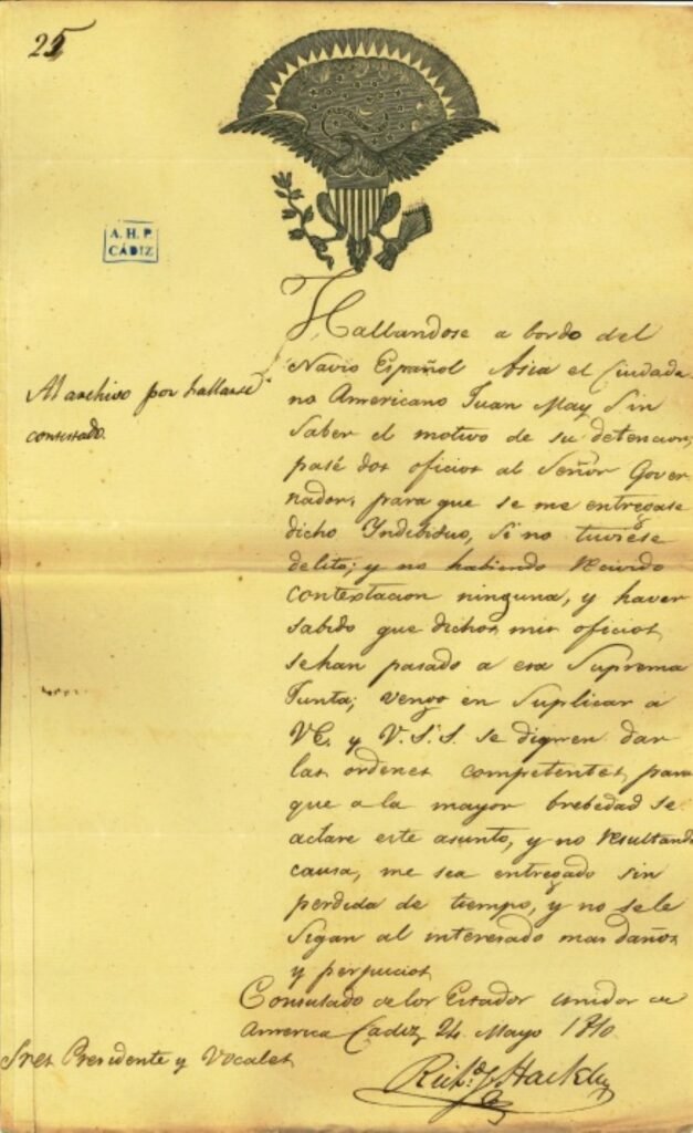Documento manuscrito de 1810 con el escudo oficial del gran sello de Estados Unidos en la cabecera, sello azul del Archivo Histórico Provincial de Cádiz y caligrafía de la época firmada por el cónsul Richard S. Hackley.