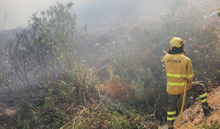Efectivo del plan Infoca combatiendo el fuego en una zona afectada por el incendio forestal en Benahavís.