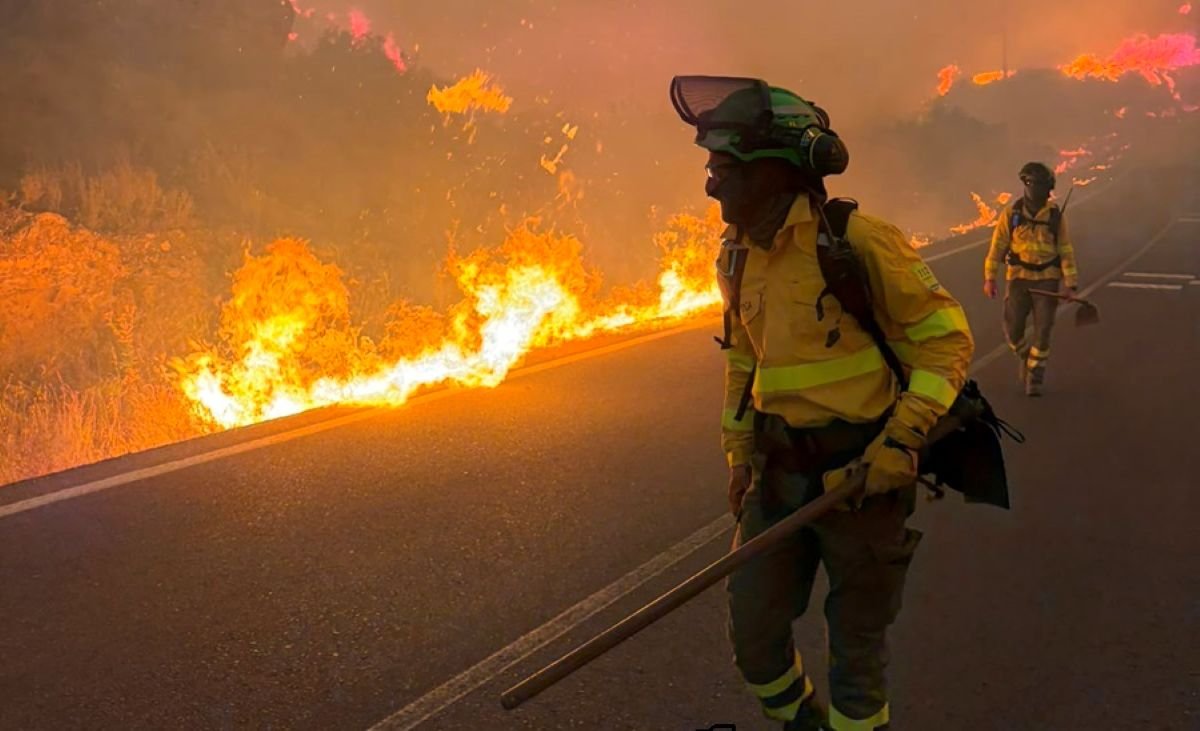 Efectivos del Plan Infoca trabajando en la extinción del incendio forestal en Los Gallardos.