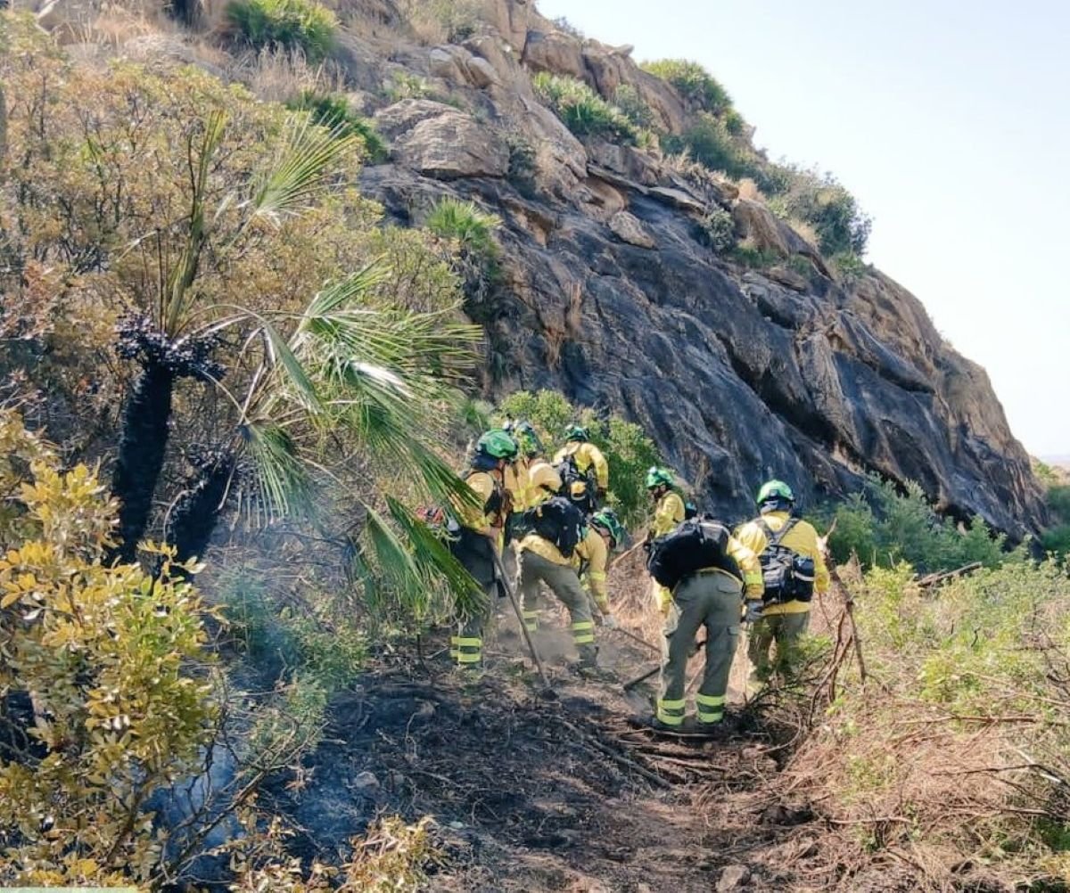 Efectivos del plan Infoca realizando labores de extinción en una zona montañosa afectada por el incendio.