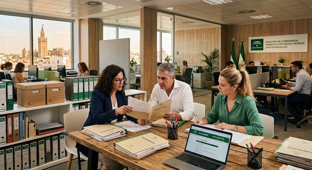 Profesionales trabajando en una oficina moderna de la administración pública en Andalucía revisando expedientes.