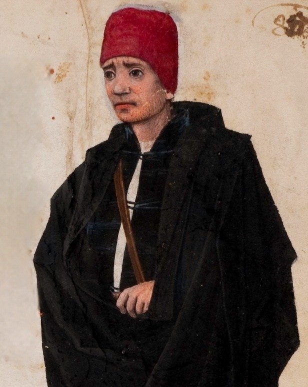 Miniatura medieval a color del rey Enrique IV de Castilla vistiendo un tocado rojo y ropajes oscuros, obra del viajero alemán Jörg von Ehingen hacia el año 1455.