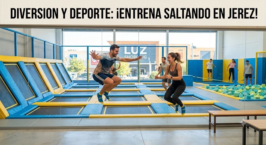 Adultos entrenando y saltando en las camas elásticas de CostaJump en Jerez sobre lonas azules y amarillas.