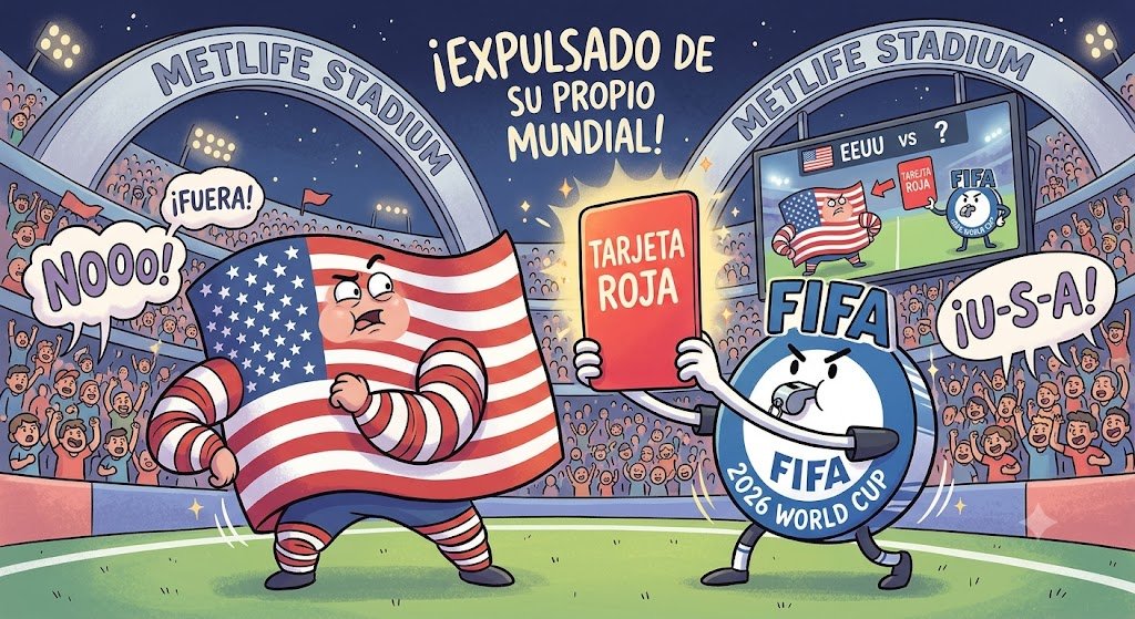 Ilustración satírica que muestra a la FIFA sacando una tarjeta roja a la selección de Estados Unidos en el MetLife Stadium durante el Mundial 2026, representando la polémica sanción a Folarin Balogun.