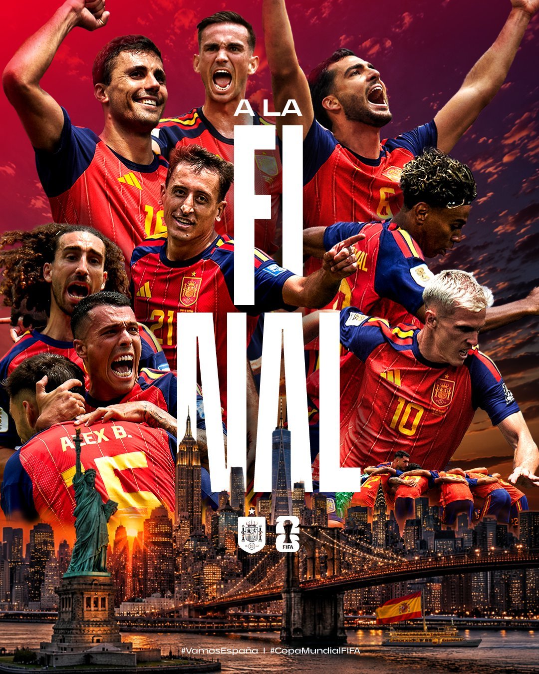 Jugadores de la selección española celebrando la clasificación para la final del Mundial 2026 tras ganar a Francia.