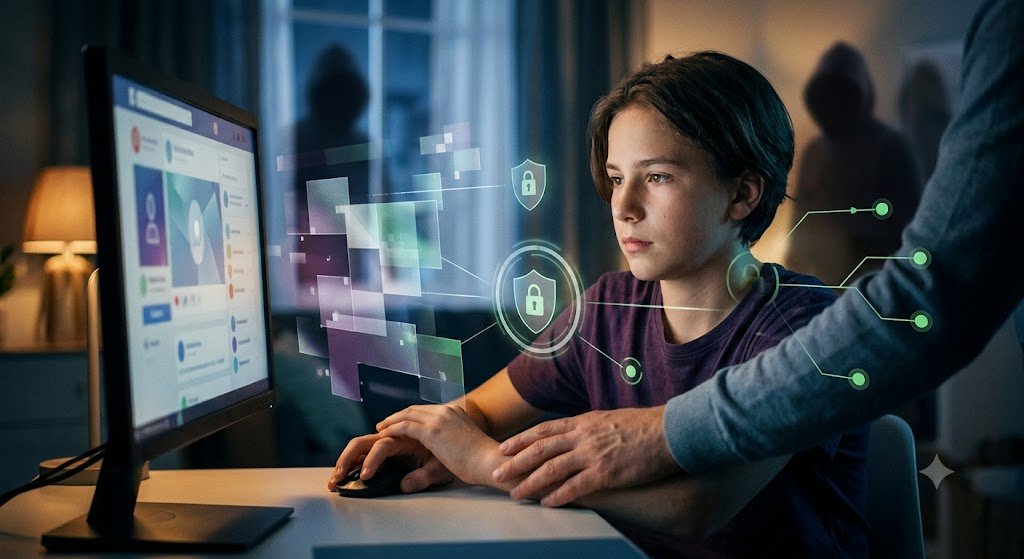 Un joven está sentado frente a una computadora de escritorio con una interfaz de red social abierta. Una mano adulta se coloca sobre la mano del joven en el ratón. Elementos visuales superpuestos, como escudos protectores y candados, flotan alrededor del joven y de la pantalla, simbolizando la seguridad digital y la protección. En el fondo, sutiles figuras sombreadas y difusas representan los peligros externos, mientras que la interfaz de seguridad proyecta una barrera protectora alrededor del usuario.
