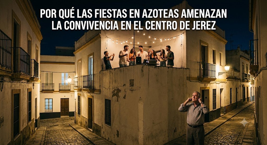 Jóvenes celebrando una fiesta en una azotea del centro de Jerez durante la noche mientras un vecino en la calle se tapa los oídos por el ruido.