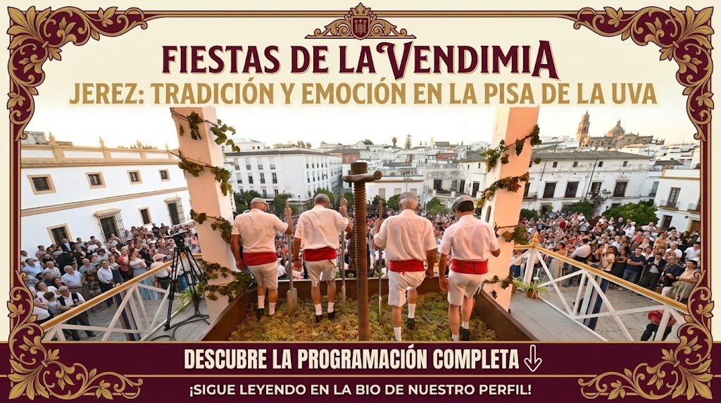 Fotografía horizontal para cabecera del artículo que muestra la pisa de la uva en la lagareta durante las Fiestas de la Vendimia de Jerez, con los pisadores de espaldas, el público congregado y el entorno monumental al fondo. La imagen incluye un marco decorativo en tonos vino y albero con el titular principal "Fiestas de la Vendimia - Jerez: tradición y emoción en la pisa de la uva" y la llamada a la acción "Descubre la programación completa".