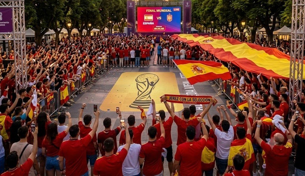Cartel publicitario digital para una retransmisión en directo en Jerez de la Frontera, que muestra una imagen de la Alameda Vieja al atardecer. En el centro, un gran trofeo de la Copa del Mundo dorado y estilizado, idéntico al de image_0.png, está superpuesto sobre el paseo pavimentado. Debajo del trofeo, el texto en mayúsculas blancas dice: "DOMINGO 19 DE JULIO". Más abajo, en texto más pequeño, dice: "#VAMOSESPAÑA" junto a una pequeña bandera de España. En la parte inferior, el logotipo oficial del Ayuntamiento de Jerez con el texto: "Ayuntamiento de Jerez".