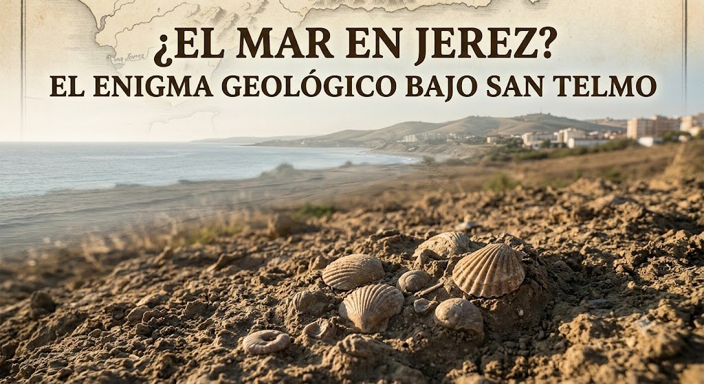 Imagen de primer plano de fósiles de conchas marinas incrustados en tierra seca y arcillosa en una ladera cerca de Jerez de la Frontera, con el perfil de la ciudad al fondo bajo un cielo despejado. La imagen ilustra la evidencia geológica del antiguo pasado marino de la zona.