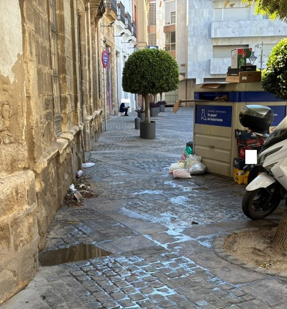 Acumulación de residuos y bolsas de basura junto a un contenedor de papel en la Plaza del Progreso, reflejando problemas en la gestión de limpieza del centro de Jerez.