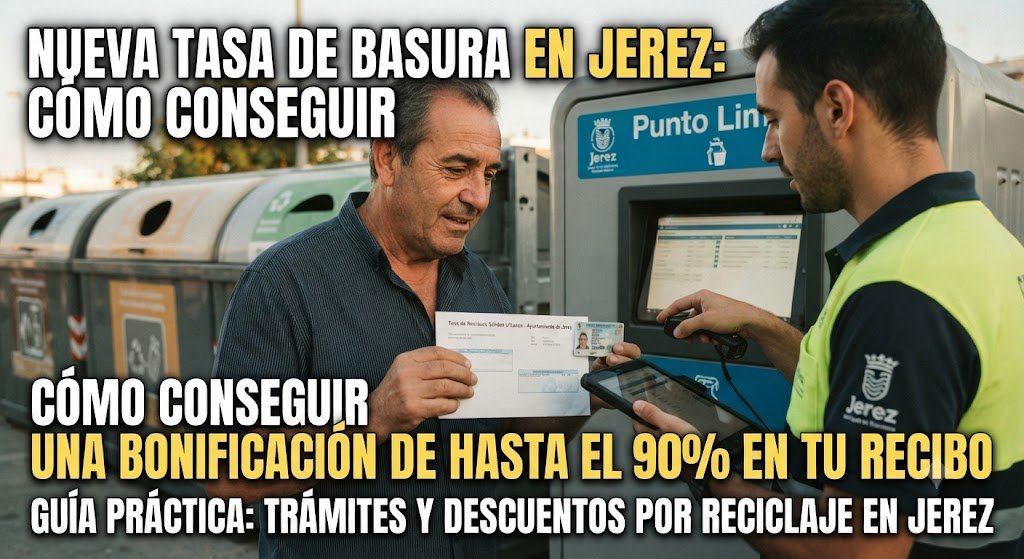Ciudadano jerezano identificándose con su DNI ante un operario municipal en el Punto Limpio para gestionar descuentos en la nueva tasa de basura en Jerez.