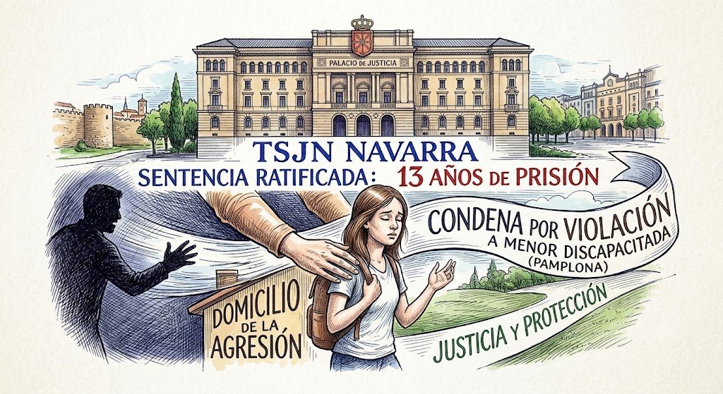 Ilustración a color estilo dibujo a pluma que resume la sentencia del TSJN.