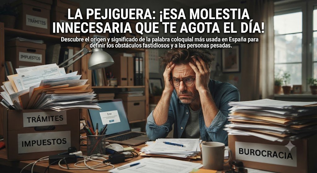 Un hombre estresado y desesperado en su escritorio, rodeado de pilas de documentos y cajas de cartón con etiquetas en español (Trámites, Impuestos, Burocracia), ilustrando la definición de la palabra 'PEJIGUERA' en el titular superpuesto.