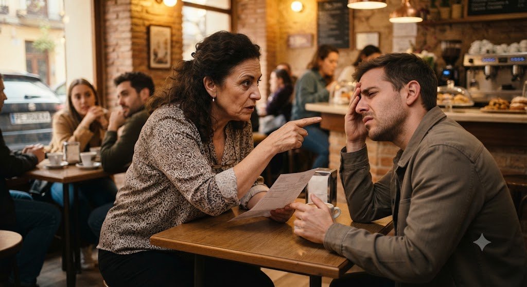 Mujer señalando con dedo acusador a un hombre visiblemente molesto en una cafetería, representando una situación de pejiguera.
