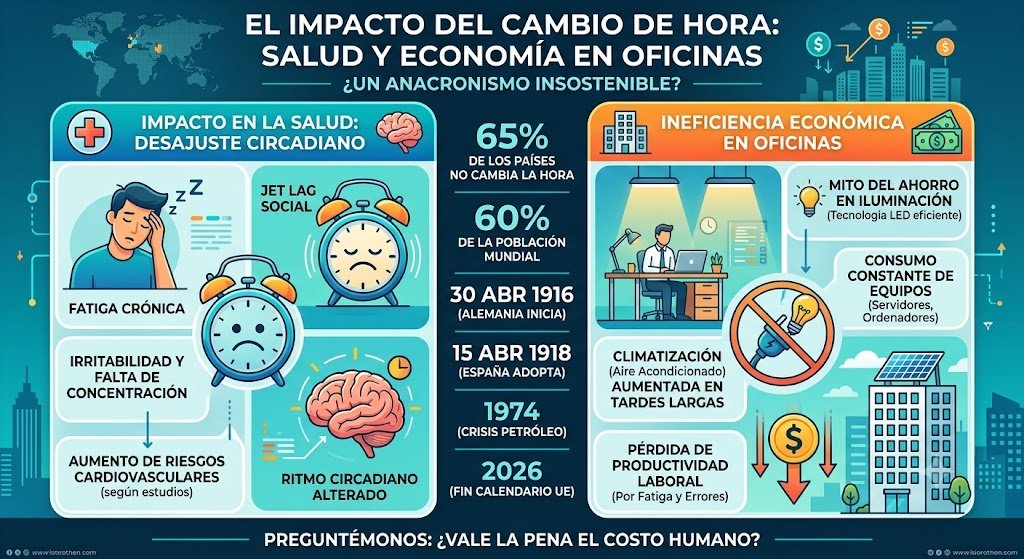 Infografía detallada sobre el impacto negativo del cambio de hora en la salud humana y la ineficiencia económica en las oficinas modernas.