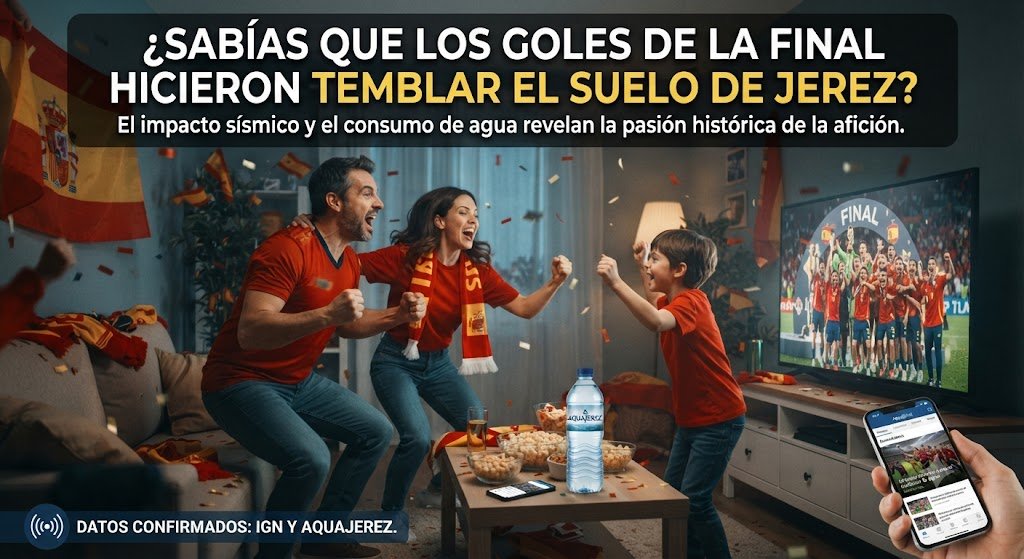 Familia jerezana celebrando un gol frente al televisor con gráficos superpuestos sobre el impacto sísmico y consumo de agua en Jerez durante la final del Mundial.