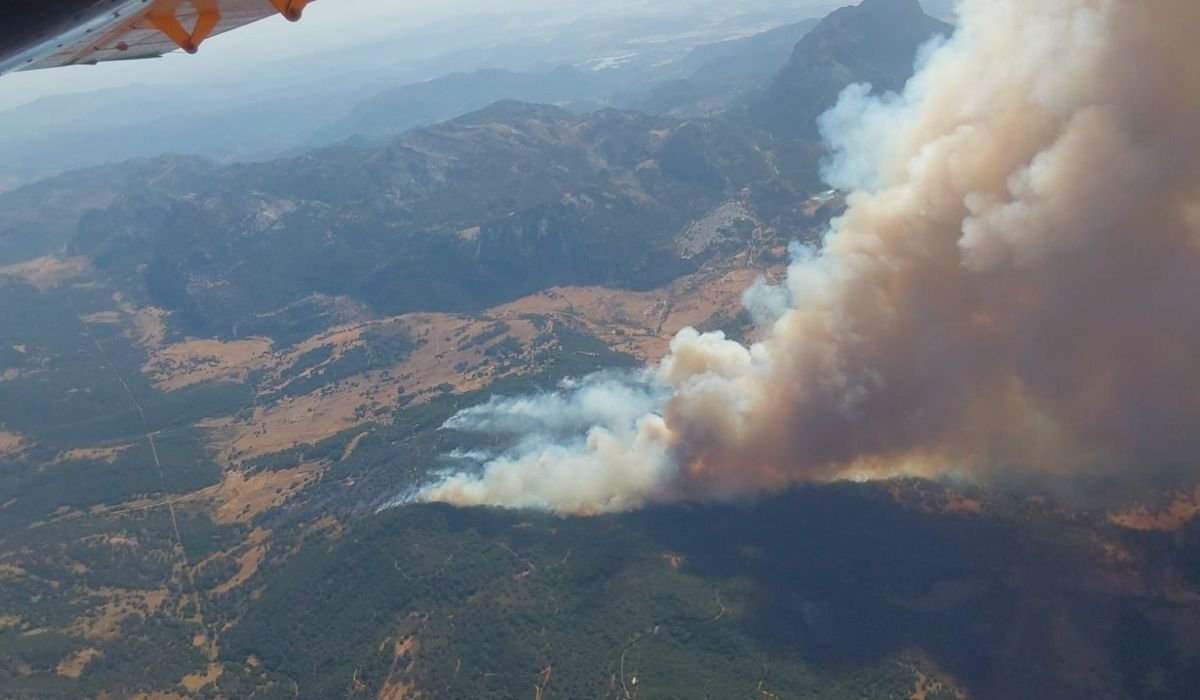 Vista aérea del incendio forestal en Grazalema con gran columna de humo sobre la montaña.